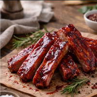 Baked ribs with a glaze on a wooden board with rosemary sprigs.