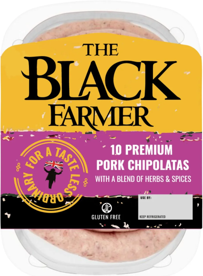 Pack of The Black Farmer pork chipolatas with a yellow and purple label.