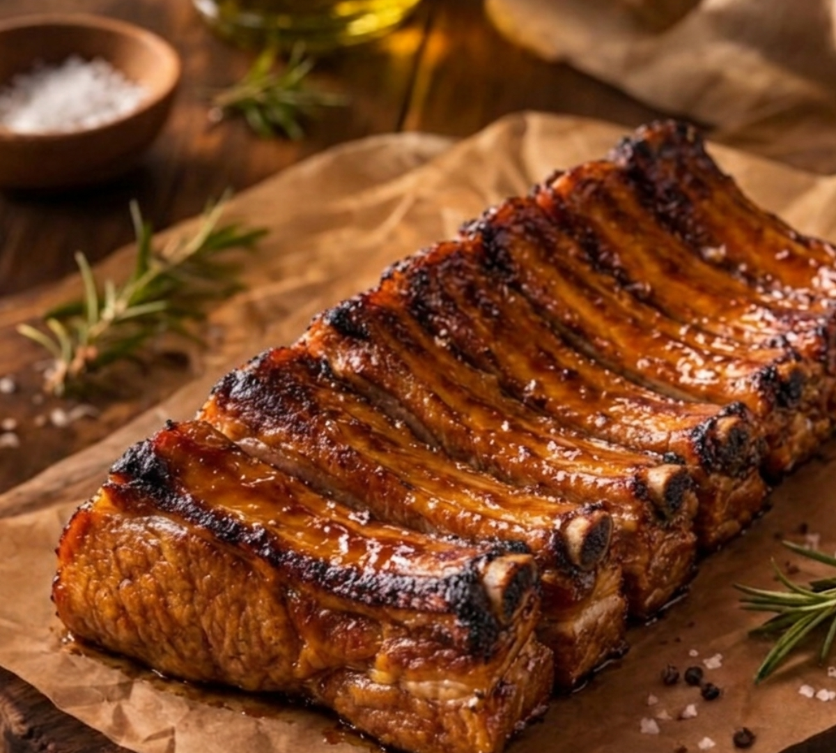 A close-up of a glazed rack of baby back ribs on parchment paper, surrounded by rosemary sprigs, coarse salt, and dark peppercorns on a rustic wooden table.