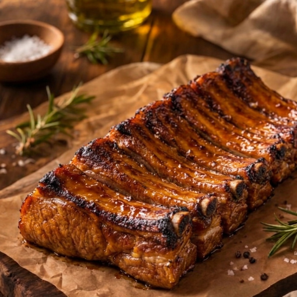 A close-up of a glazed rack of baby back ribs on parchment paper, surrounded by rosemary sprigs, coarse salt, and dark peppercorns on a rustic wooden table.
