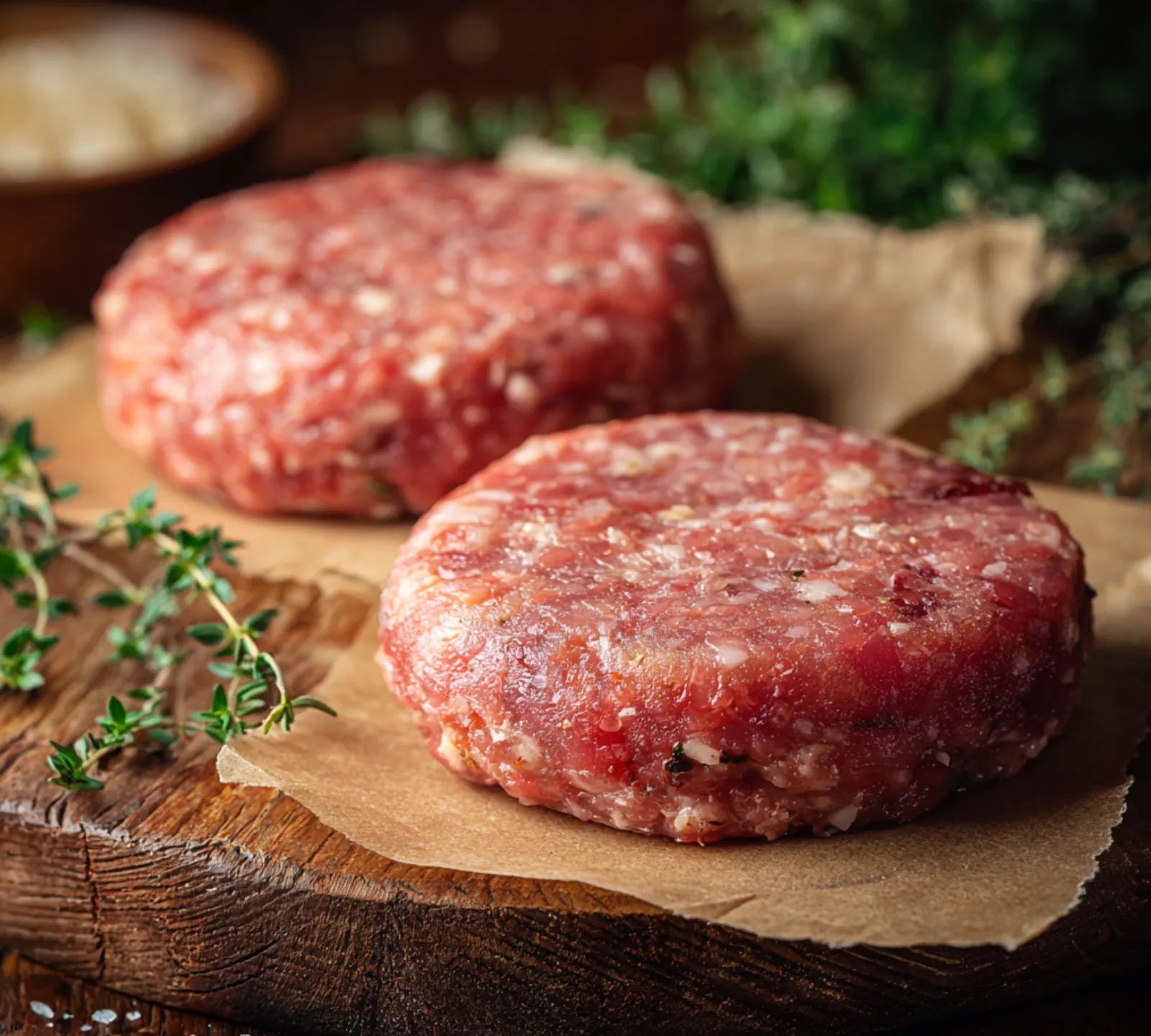 Two raw gluten-free pork and bacon burger patties on parchment with herbs – The Black Farmer.