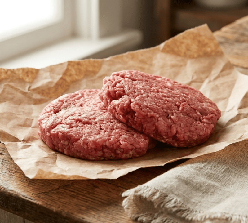 Two raw gluten-free pork and bacon burger patties on parchment with herbs – The Black Farmer.