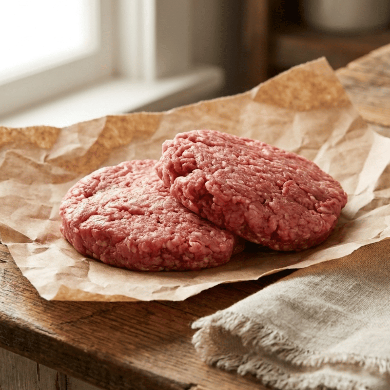 Two raw gluten-free pork and bacon burger patties on parchment with herbs – The Black Farmer.