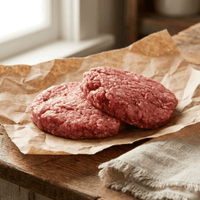 Two raw gluten-free pork and bacon burger patties on parchment with herbs – The Black Farmer.