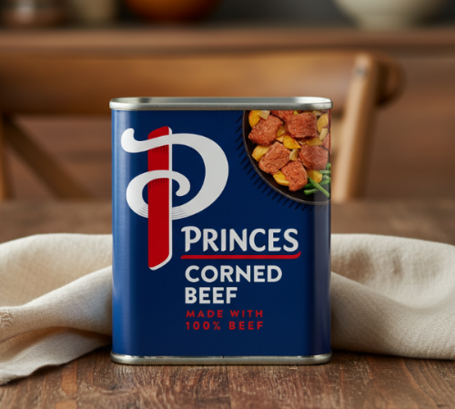 Princes Corned Beef 340g tin on a wooden table with a cloth, ready to serve