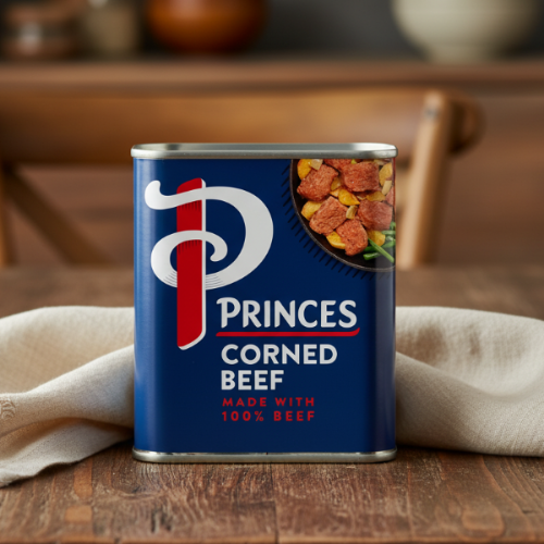 Princes Corned Beef 340g tin on a wooden table with a cloth, ready to serve