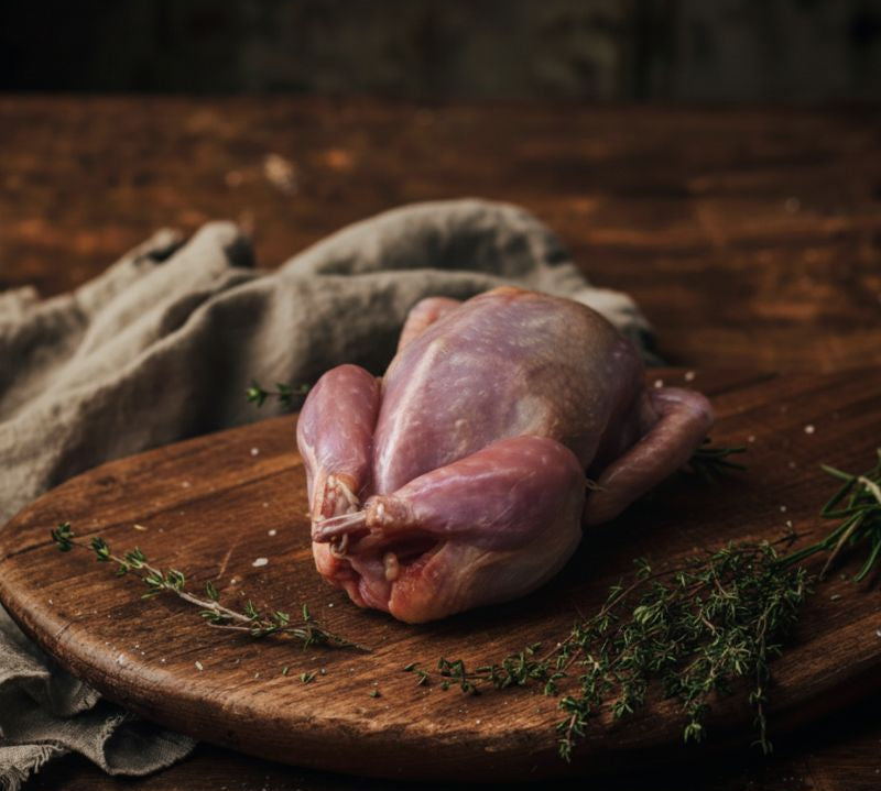 Whole British quail on tray, premium lean game bird ideal for roasting and grilling.