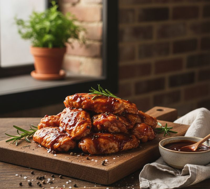 Stack of grilled chicken wings with sauce on a wooden board, garnished with rosemary, against a brick wall background.