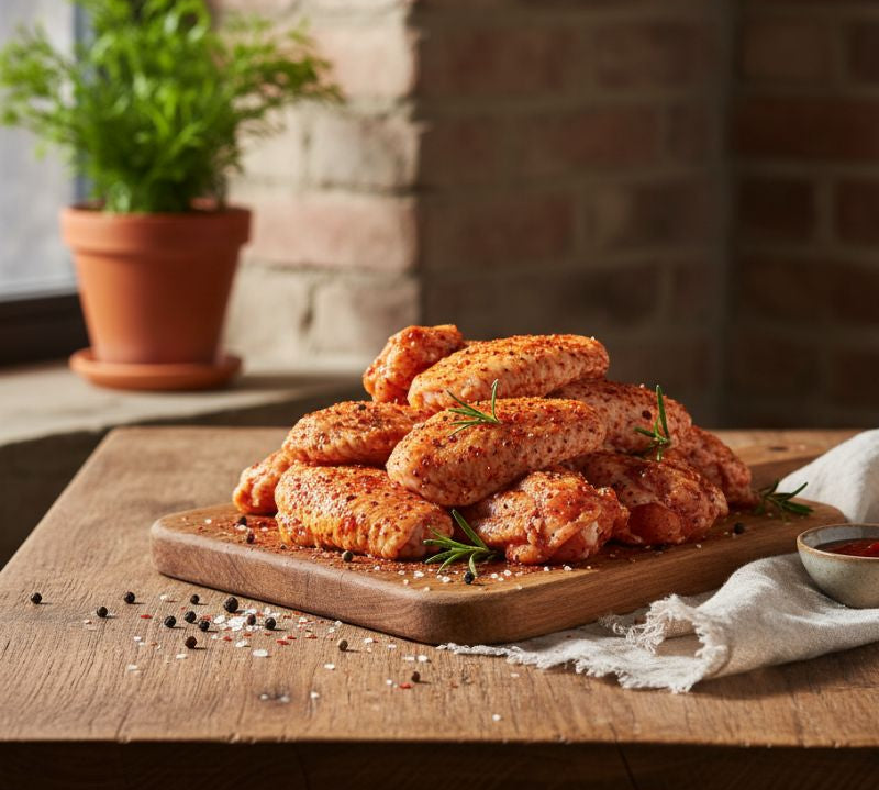 Stack of seasoned chicken wings on a wooden cutting board with a rustic background
