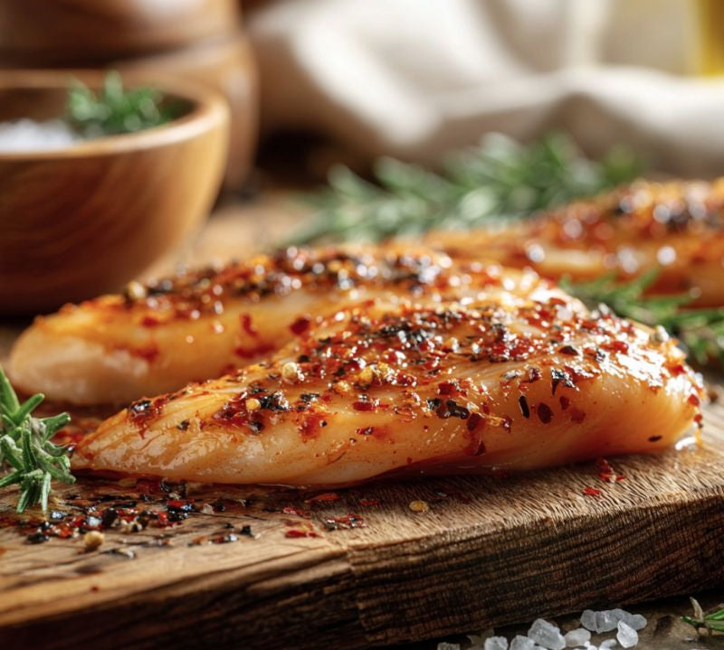 Raw hot-and-spicy chicken breast fillets on a board with chillies and herbs – The Black Farmer.