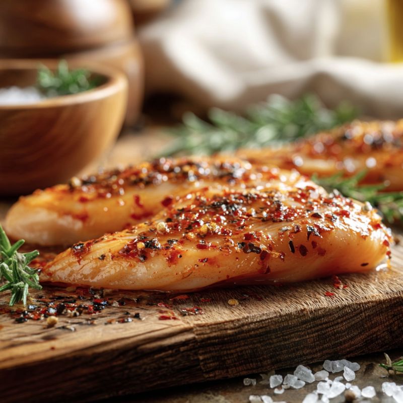 Raw hot-and-spicy chicken breast fillets on a board with chillies and herbs – The Black Farmer.