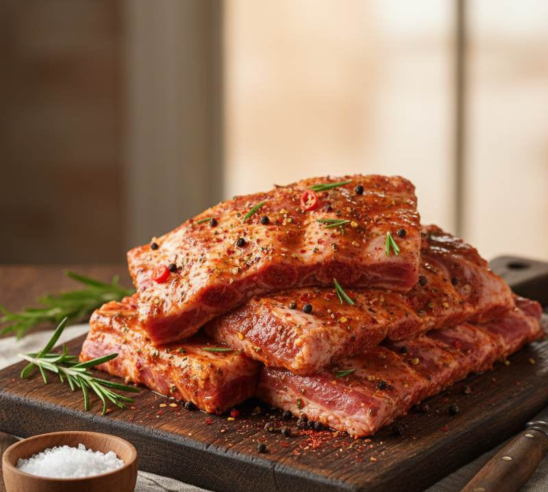 Stack of seasoned raw meat on a wooden cutting board with herbs and salt.