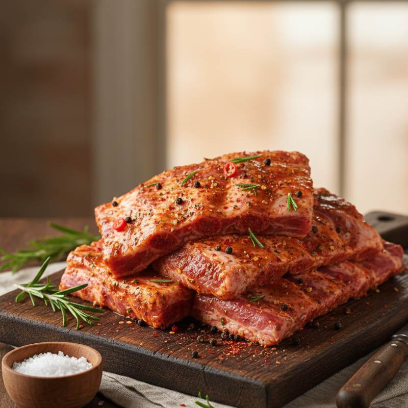 Stack of seasoned raw meat on a wooden cutting board with herbs and salt.