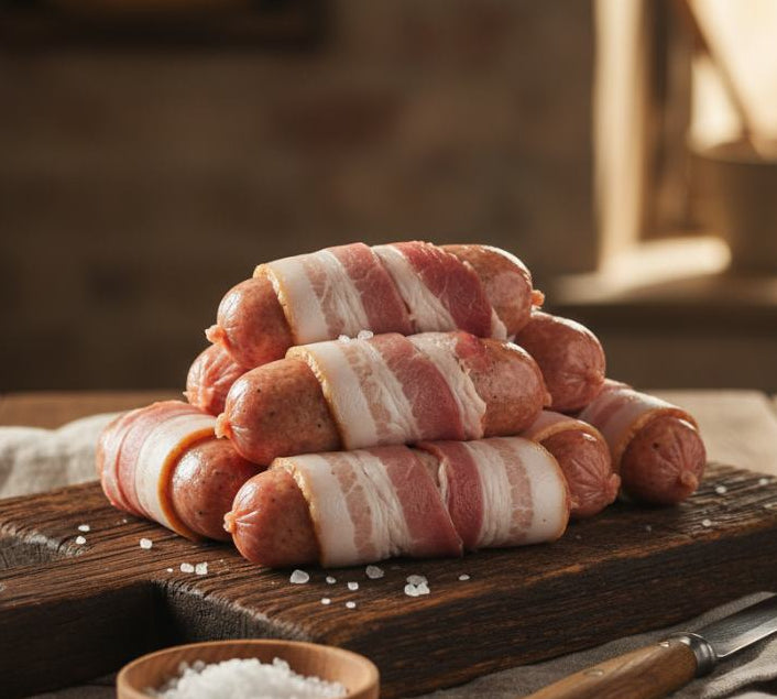 Bacon-wrapped sausages on a wooden cutting board with salt and a knife.