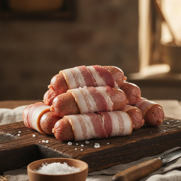 Bacon-wrapped sausages on a wooden cutting board with salt and a knife.