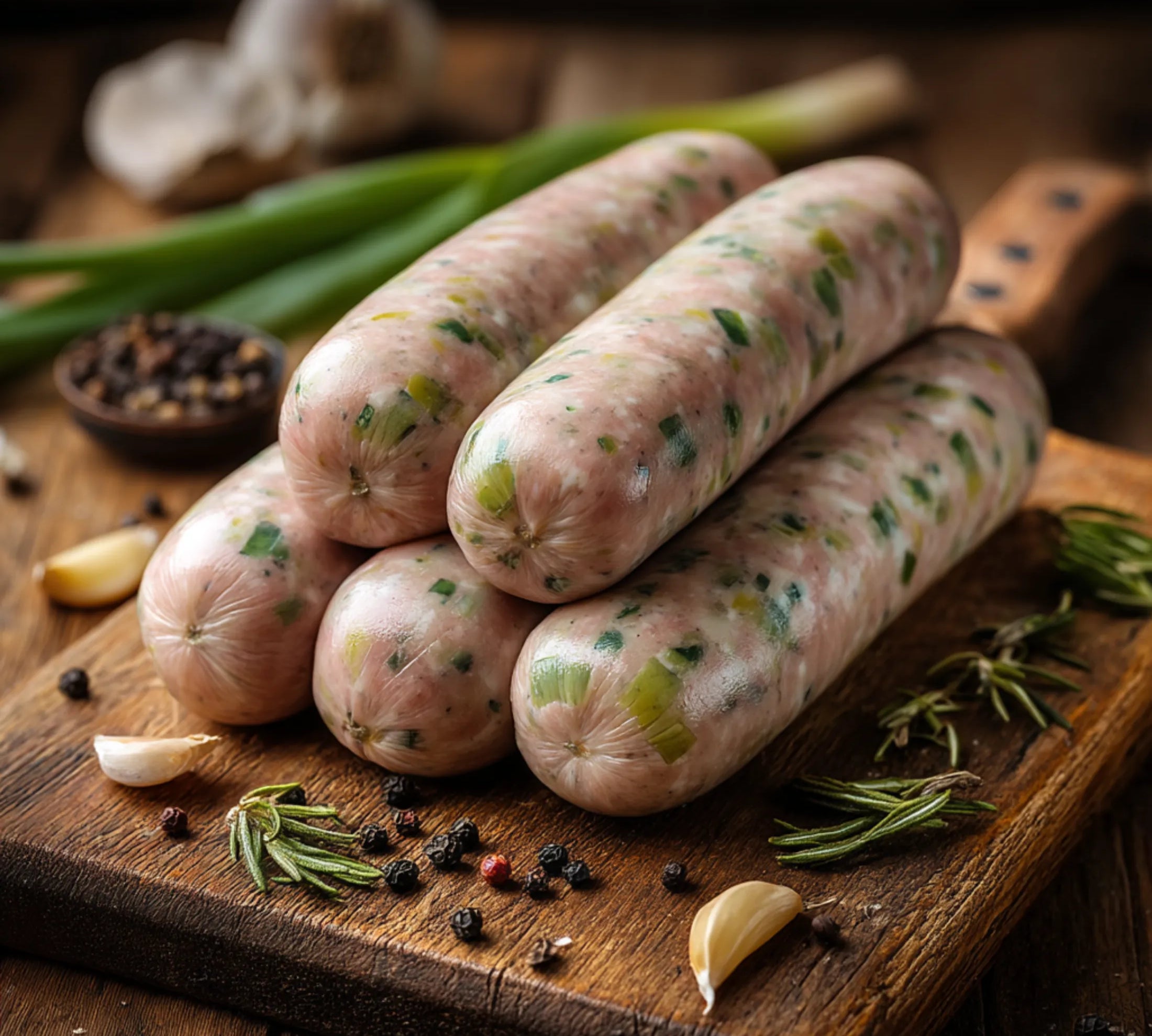 Raw sausages on a wooden cutting board with herbs and spices