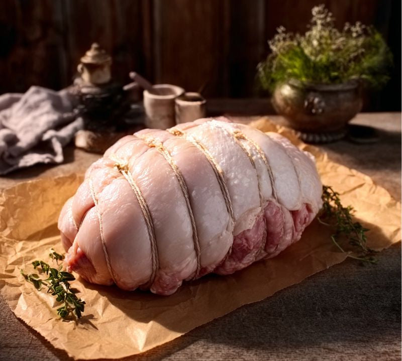 Free range boneless turkey breast crown, rolled for easy roasting, premium British poultry.