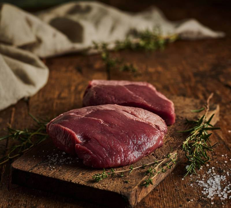 British wild venison haunch steak, premium lean cut from The Black Farmer, ideal for pan-frying or roasting.
