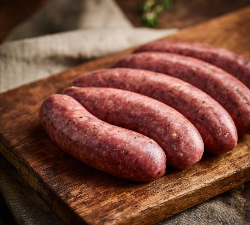 Raw sausages on a wooden cutting board with a rustic background