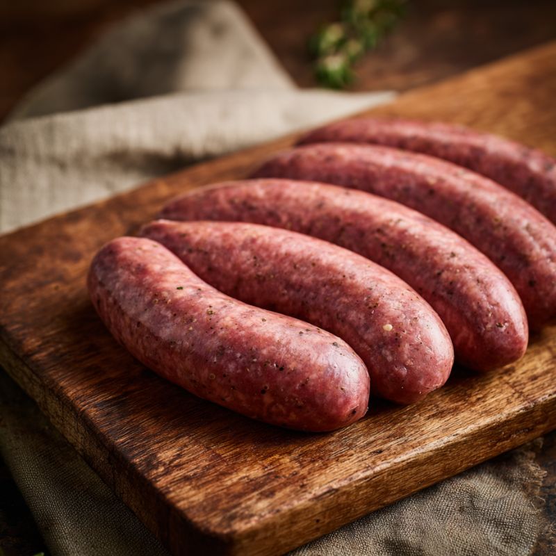 Raw sausages on a wooden cutting board with a rustic background