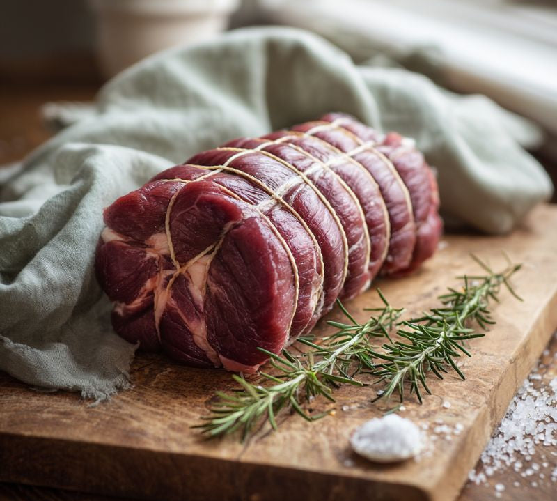 Boneless British venison haunch joint rolled and trimmed, ideal for roasting and high-protein meals.