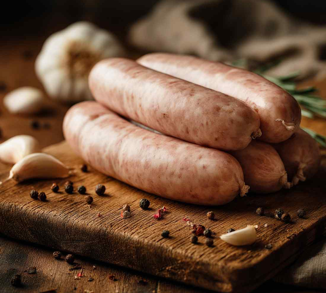 Raw sausages on a wooden cutting board with garlic and peppercorns.