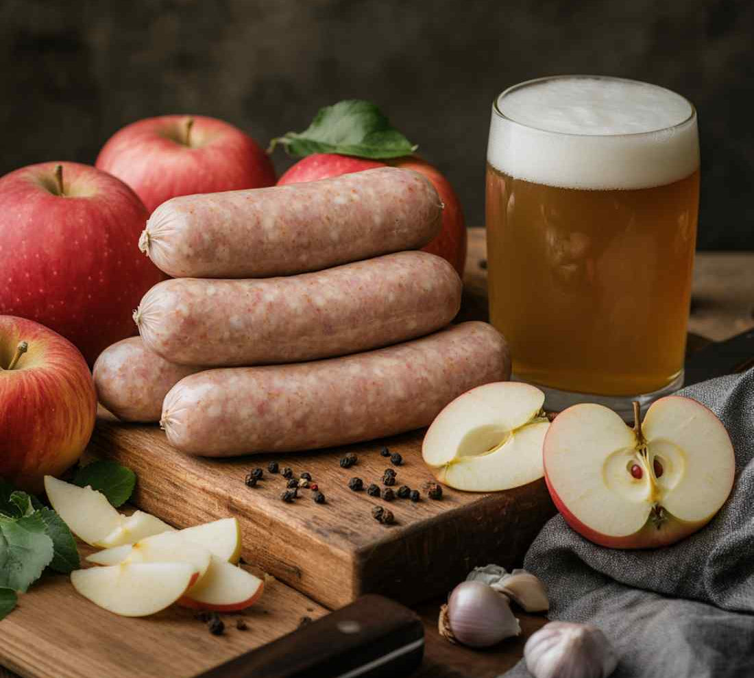 Raw sausages on a wooden board with apples, a glass of beer, and garlic cloves.