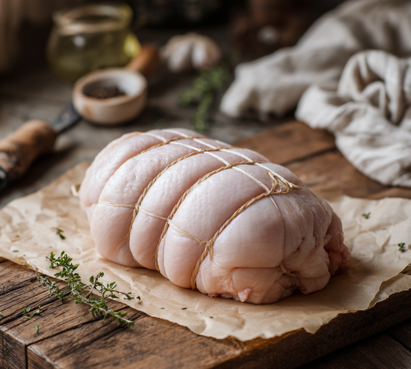Free Range boneless turkey breast crown rolled with gluten-free stuffing, raw joint for roasting.