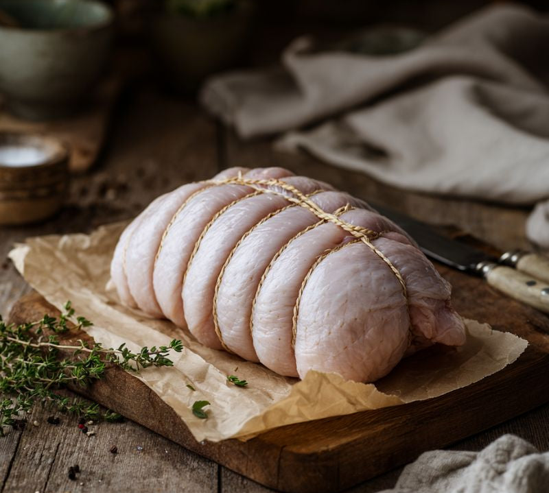 Boneless rolled turkey breast crown filled with gluten-free sage and onion stuffing, ready for roasting — The Black Farmer.