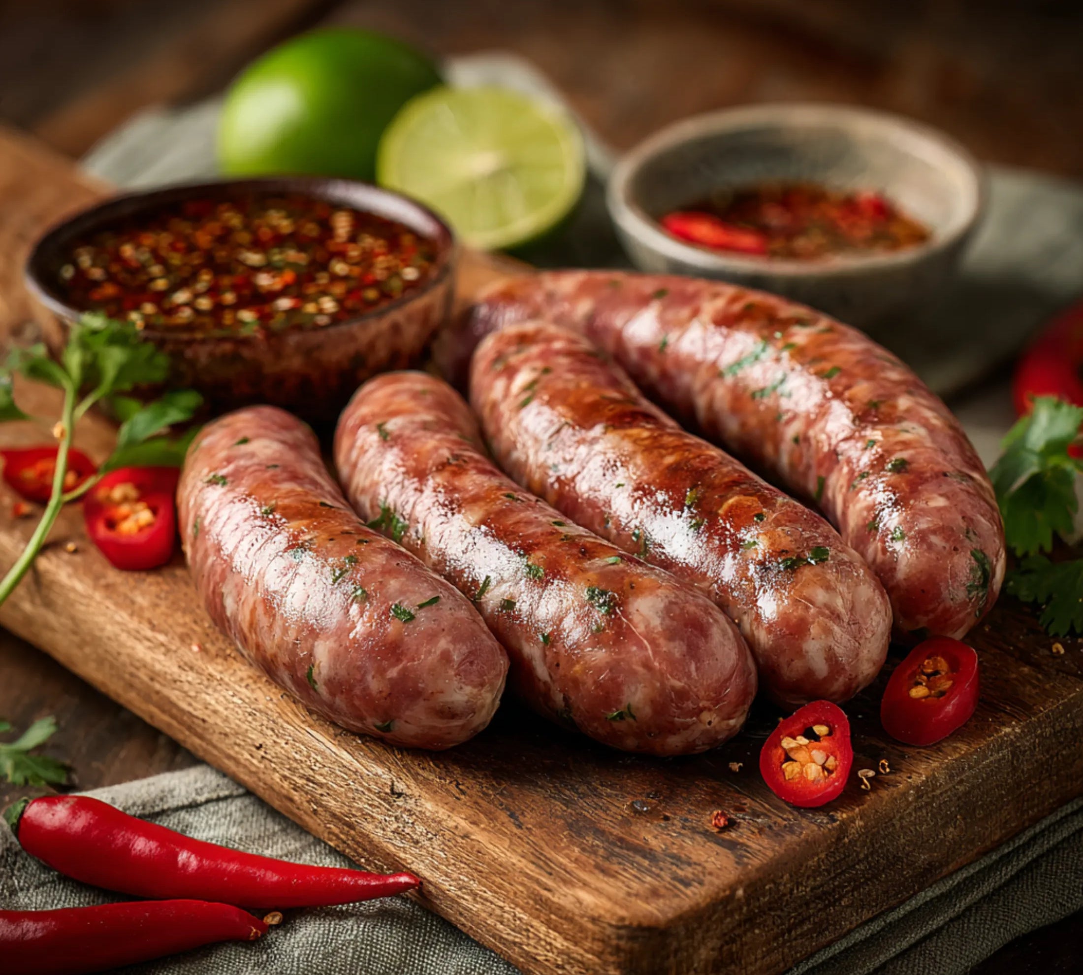 Three raw sausages on a wooden cutting board with limes, hot peppers, and a bowl of spices.