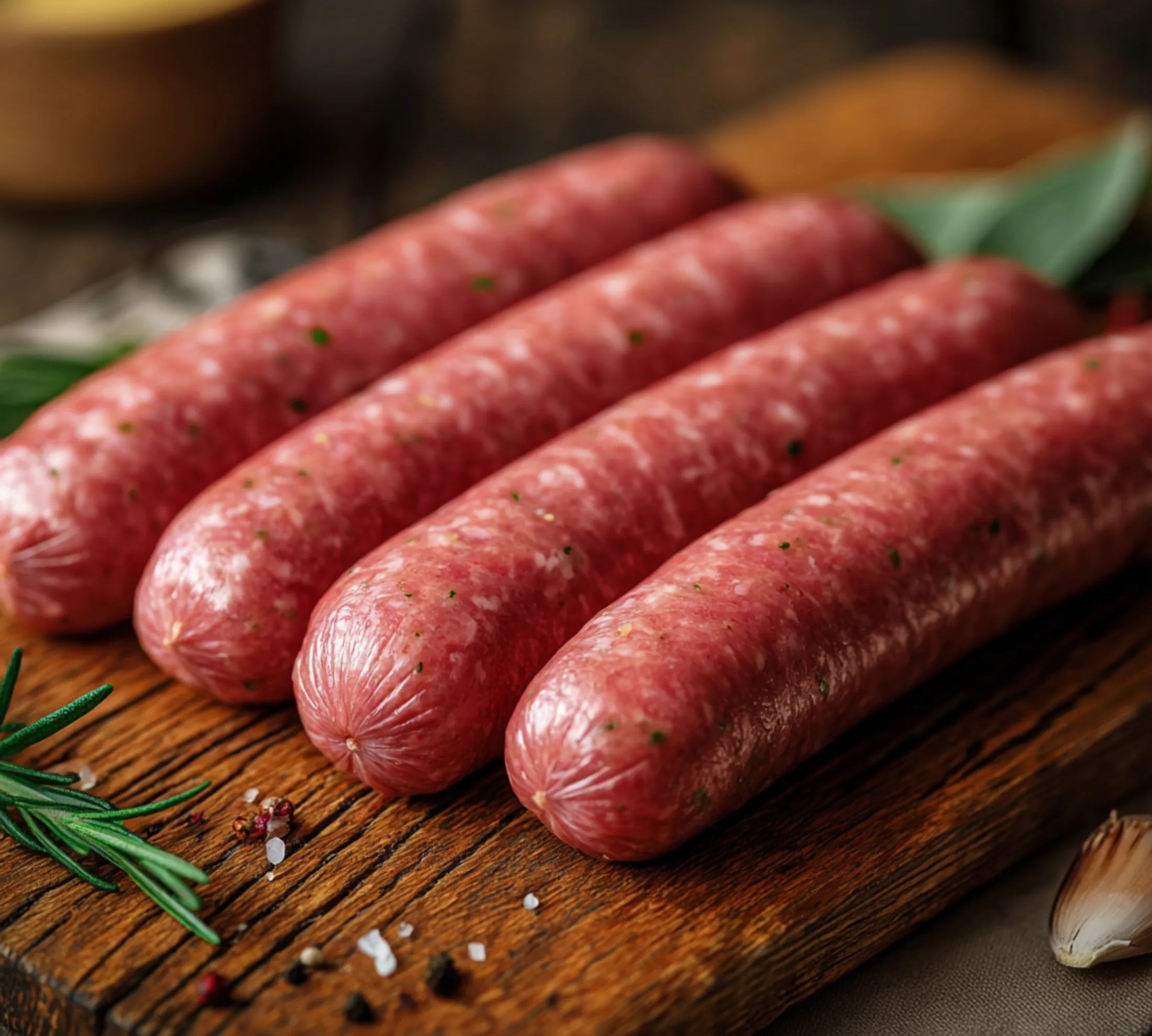 Raw sausages on a wooden cutting board with herbs and spices.
