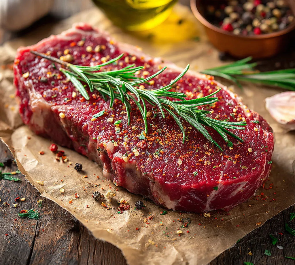 Raw British Beef Sirloin Steak on board, premium butcher’s cut, fresh beef ready for grilling.
