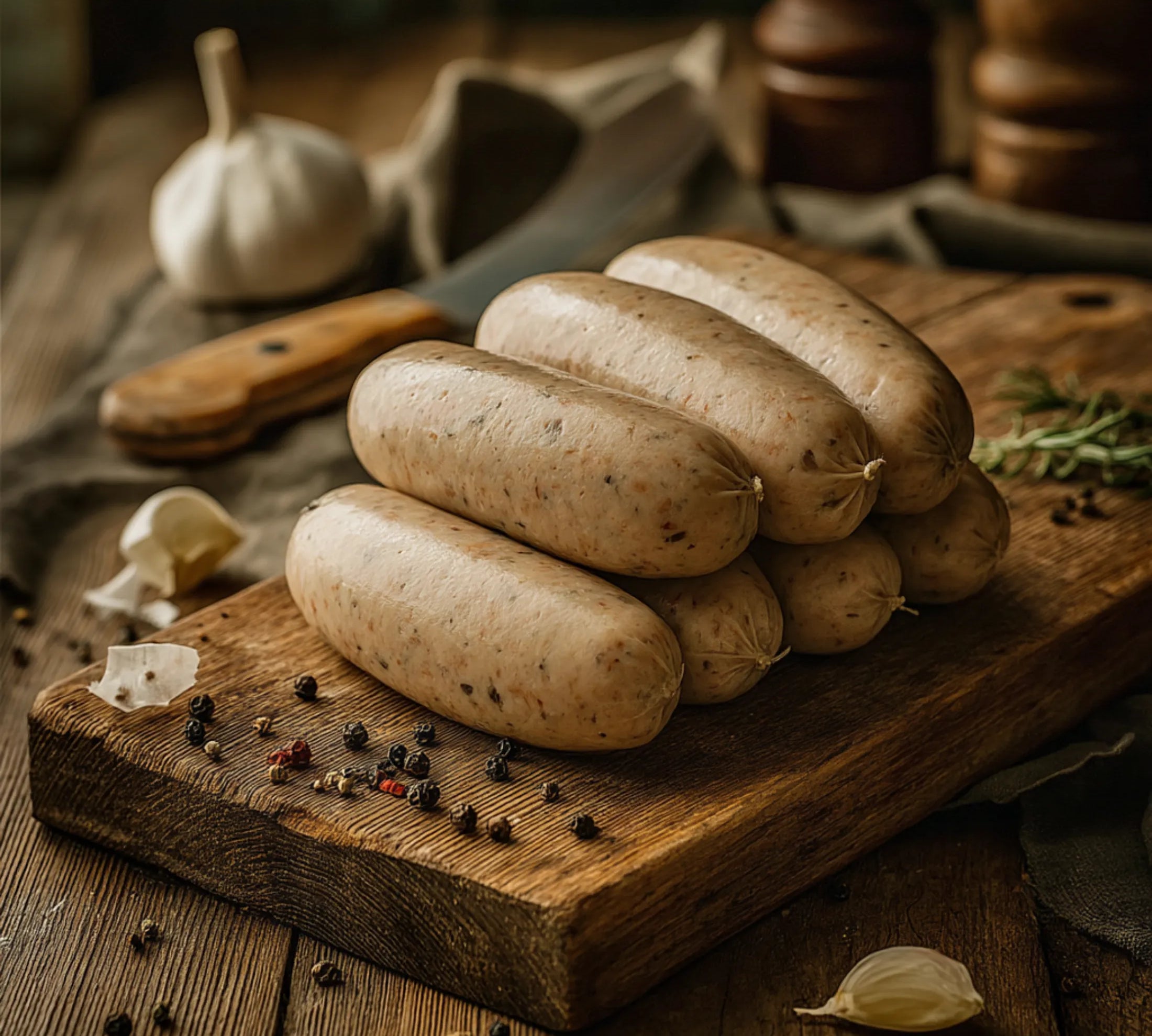 Raw sausages on a wooden cutting board with garlic and peppercorns.