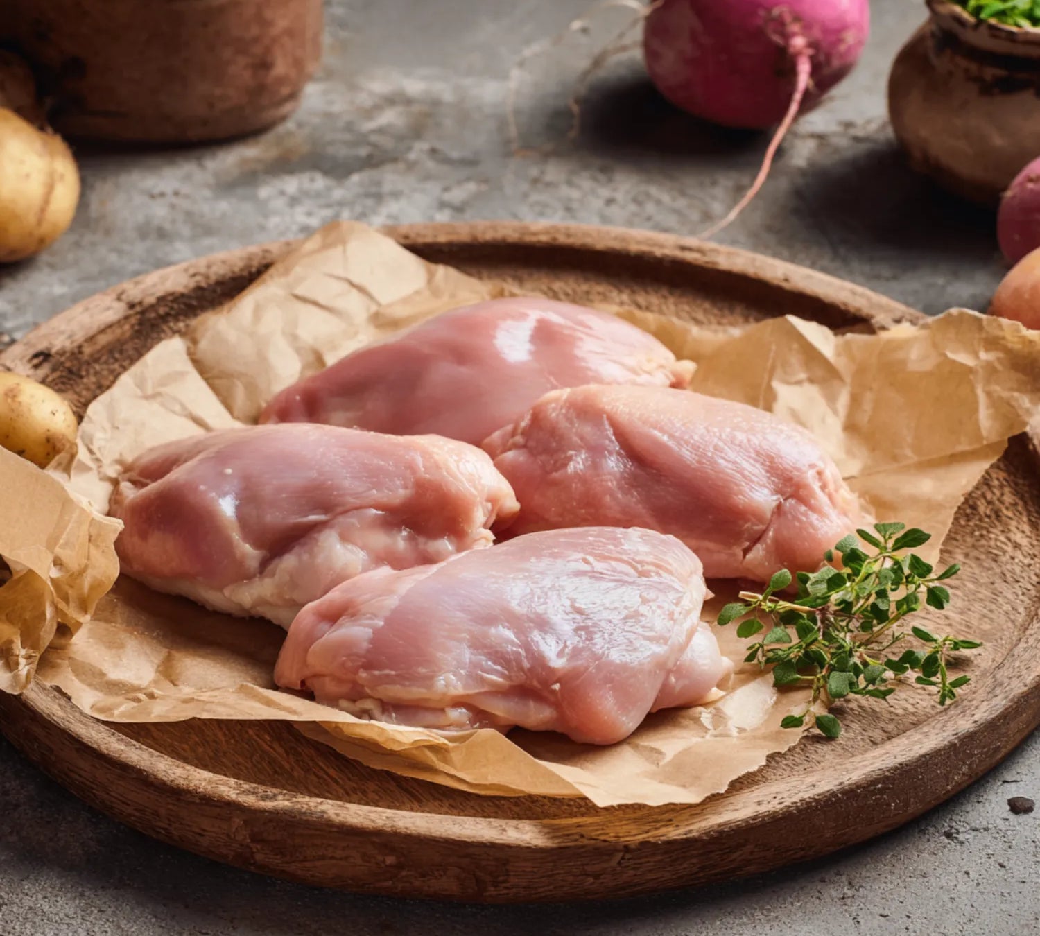 Boneless, skinless free range chicken thigh fillets from The Black Farmer – fresh British poultry ready to cook.
