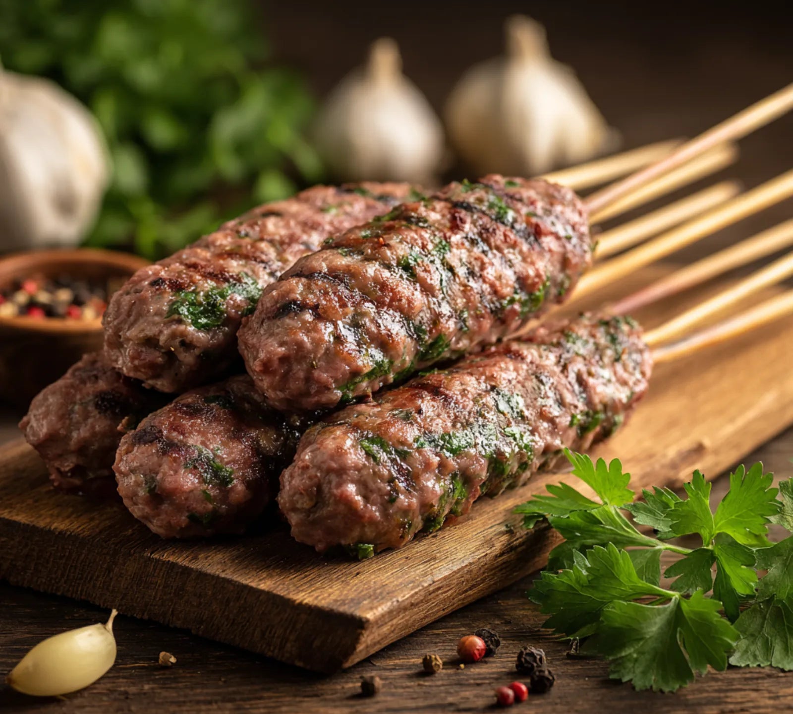 Raw coriander and garlic goat koftas on rustic tray – British goat meat seasoned with herbs and spices.