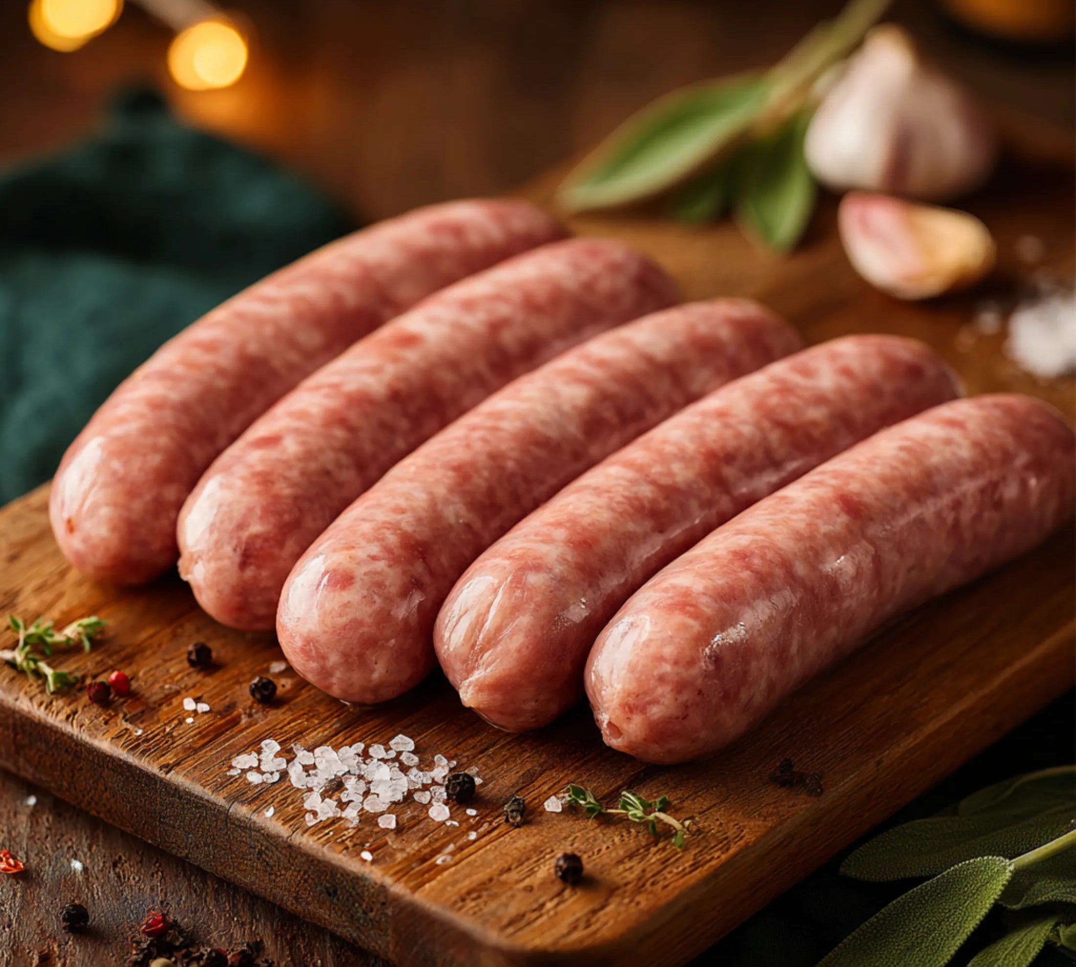Raw sausages on a wooden cutting board with herbs and spices.