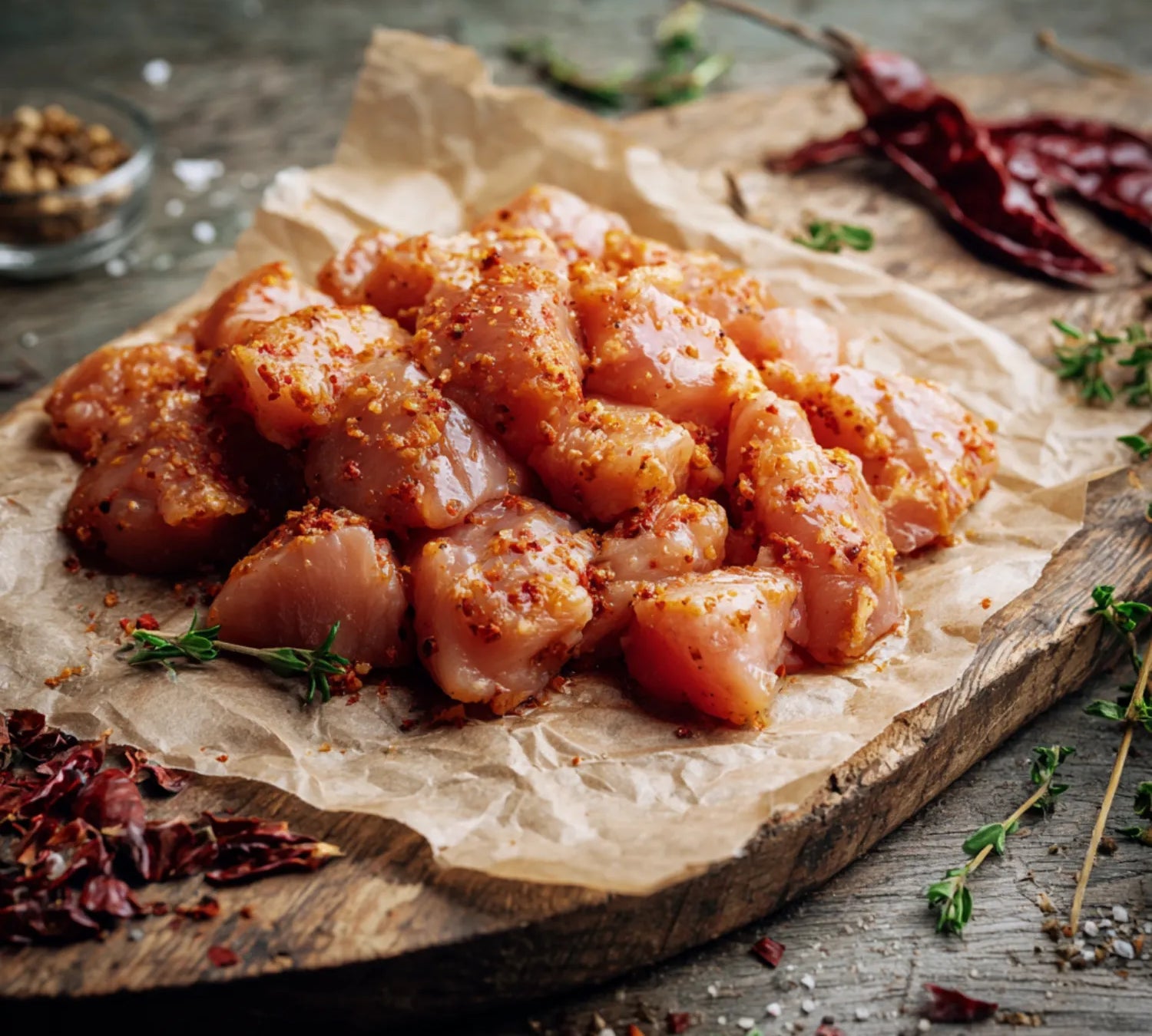 Diced hot-and-spicy chicken breast on parchment with chillies and herbs – The Black Farmer.