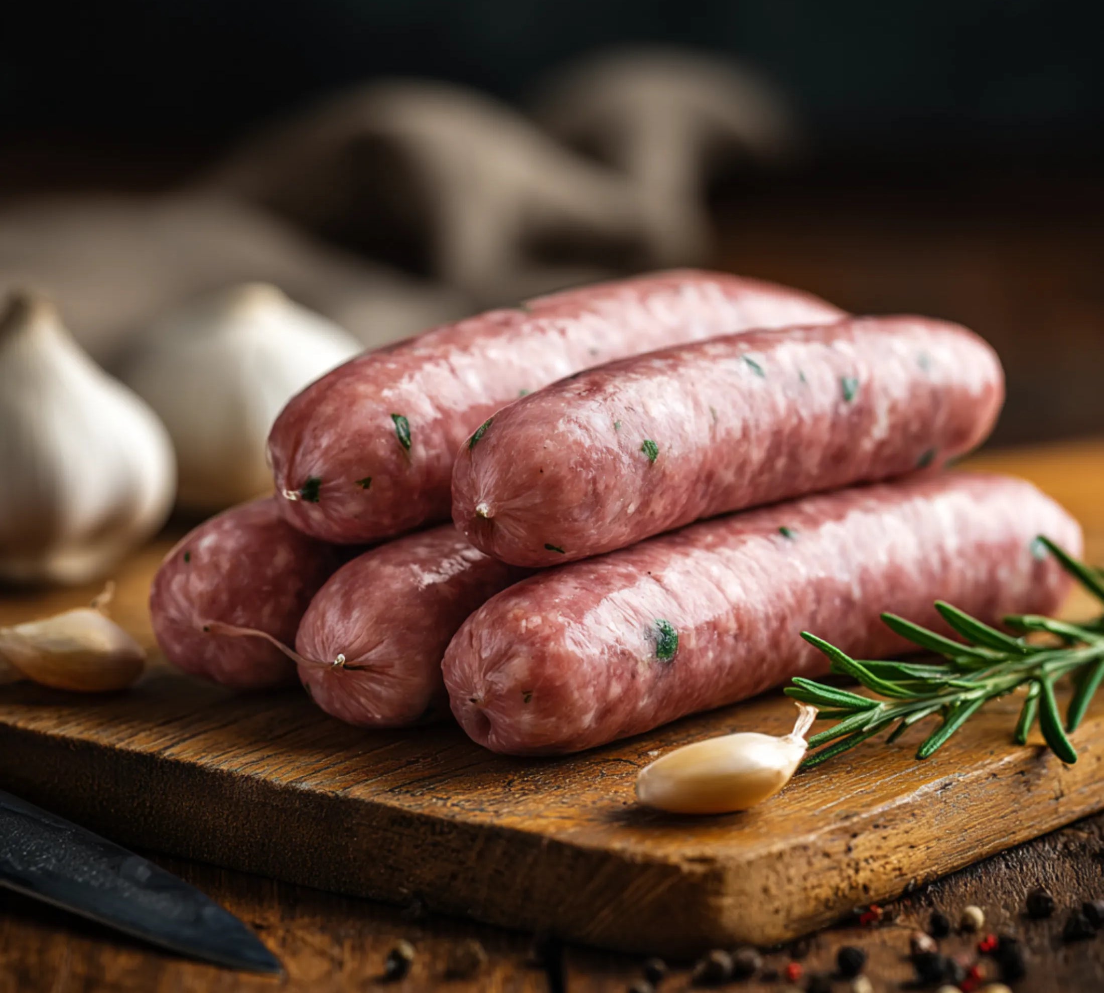 Raw sausages on a wooden cutting board with garlic and rosemary.