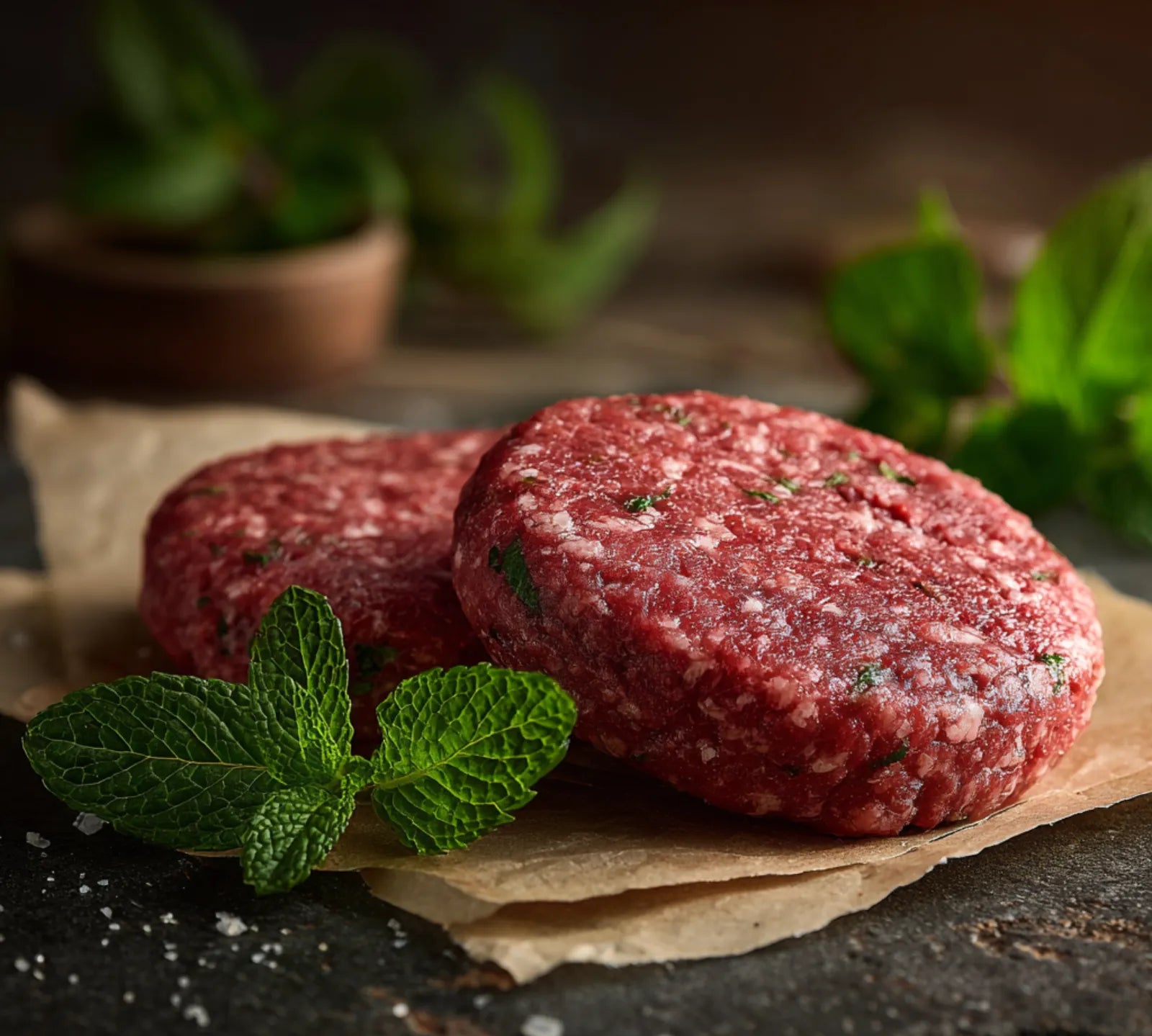 171 g) – gluten‑free patties on wooden board with mint sprigs