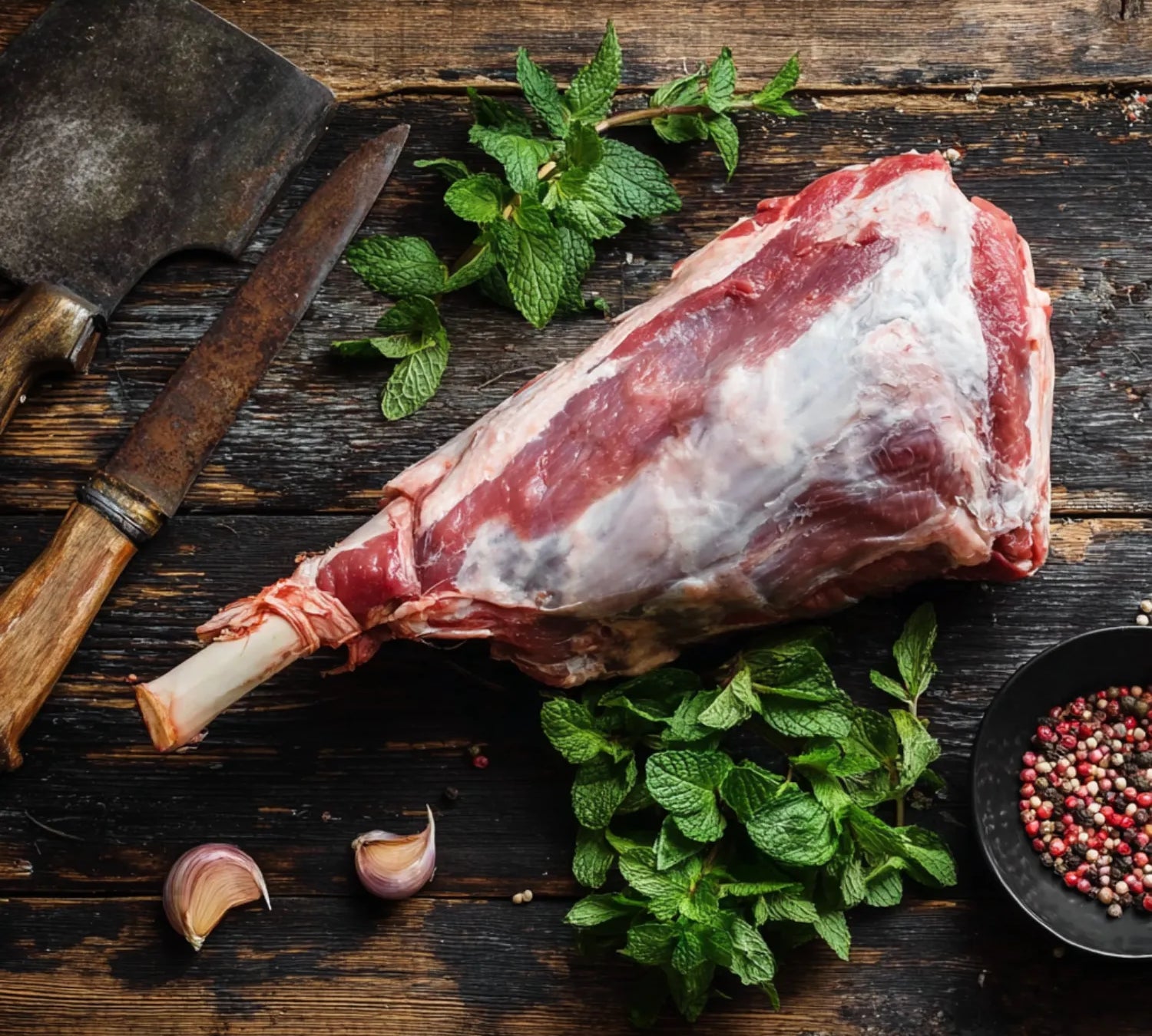 Bone-in British lamb leg on roasting board, premium cut for roasting and slow-cooking.