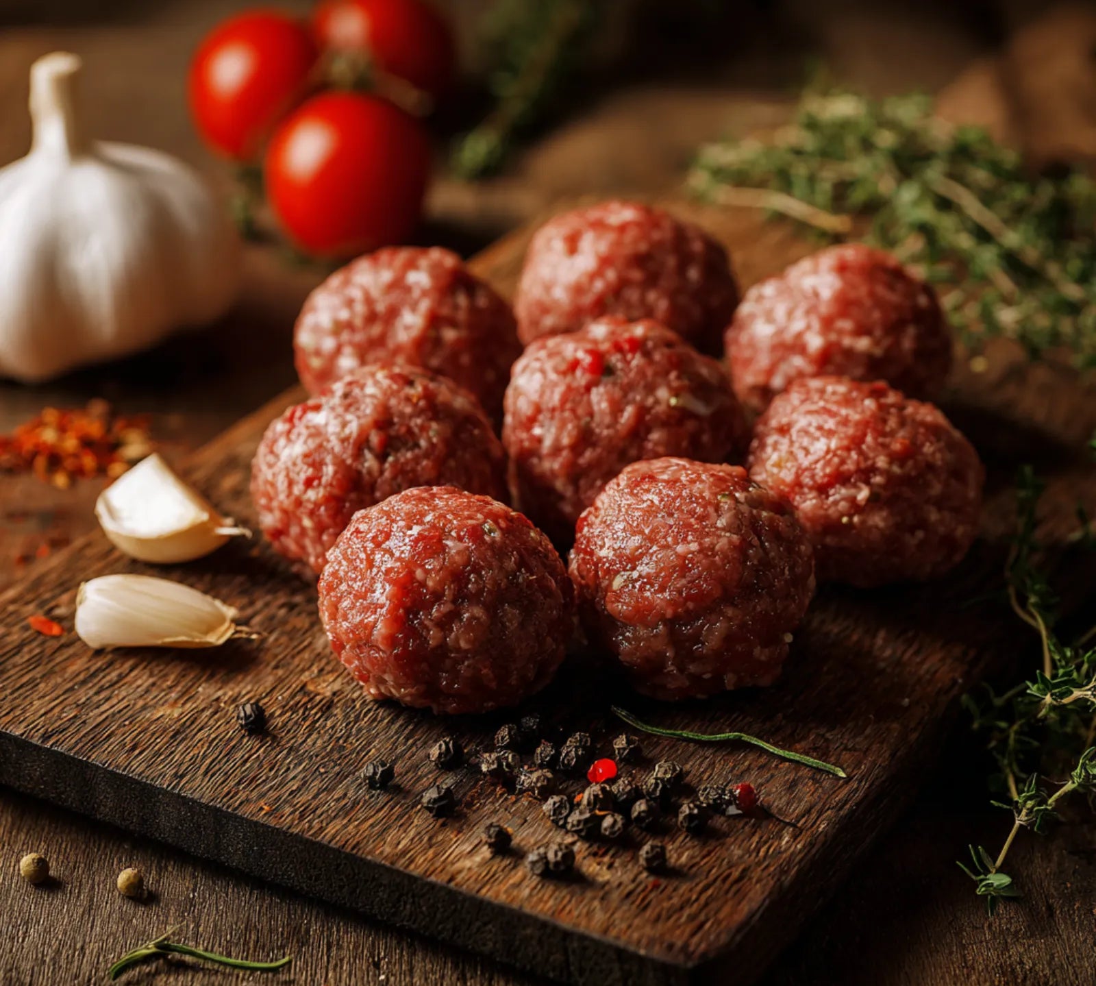 Raw goat meatballs with roasted pepper and tomato – Caribbean spiced British goat, The Black Farmer.
