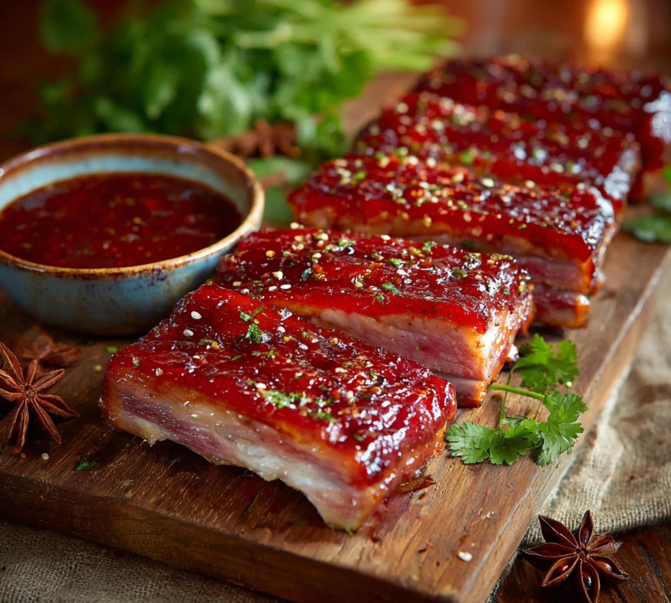 Slab of extra-meaty pork ribs brushed with red Char Siu glaze on a board with dipping sauce – The Black Farmer.