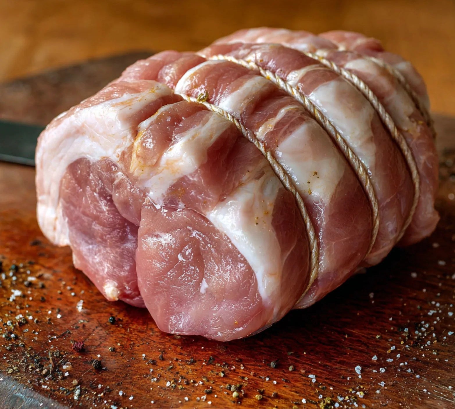 Boned and rolled British pork leg joint – The Black Farmer premium pork, perfect for roasting.