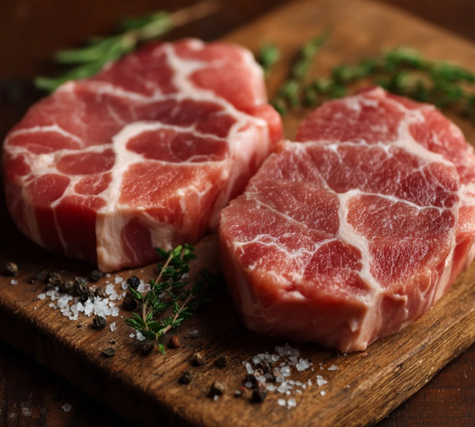 Raw British pork shoulder steak on rustic board — The Black Farmer premium cut.