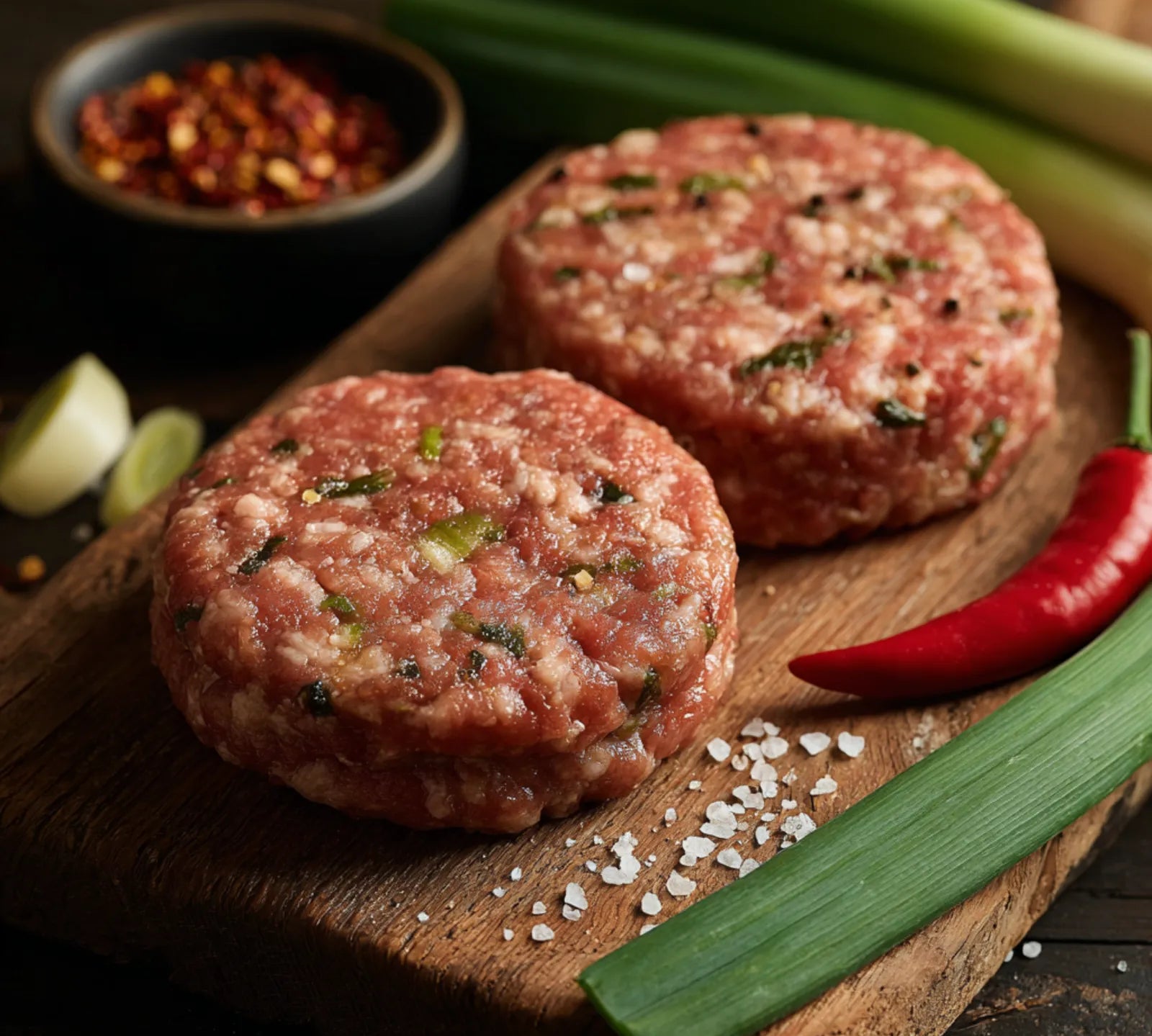 Raw pork, leek and chilli burger patties on a board with leeks and red chilli – The Black Farmer.