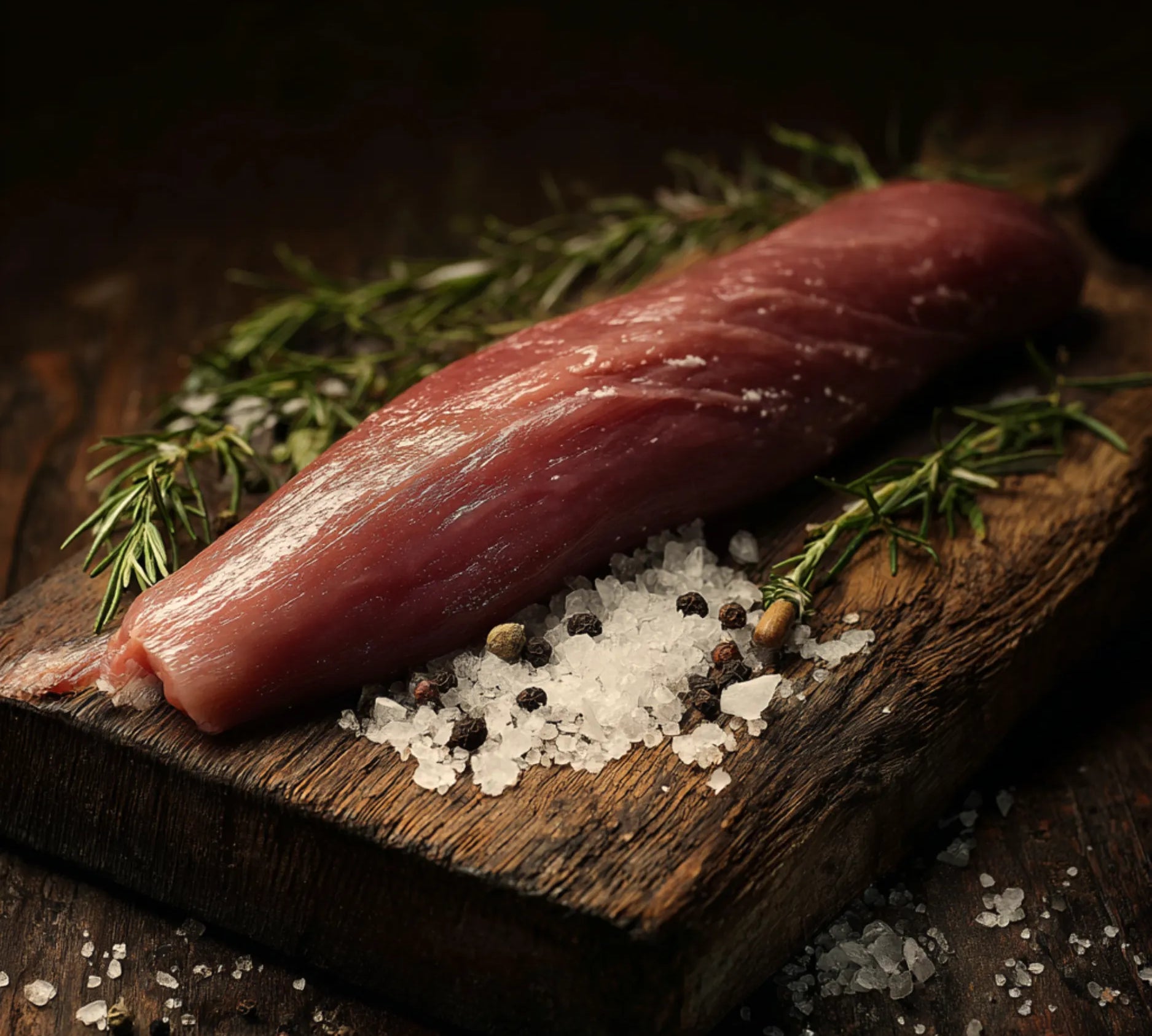 Free range pork tenderloin on a wooden board — premium British pork loin ideal for roasting, diced pork, pork chops and pork roast joints. Buy pork online.