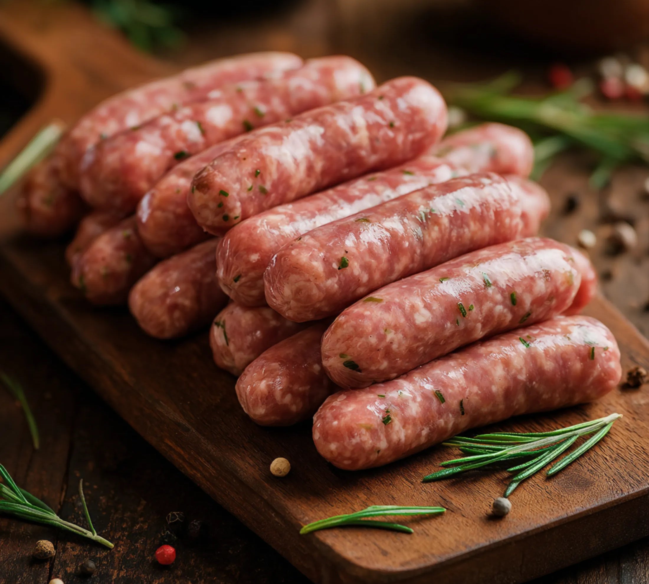 Raw Pork cocktail sausages on a wooden cutting board with herbs and spices.