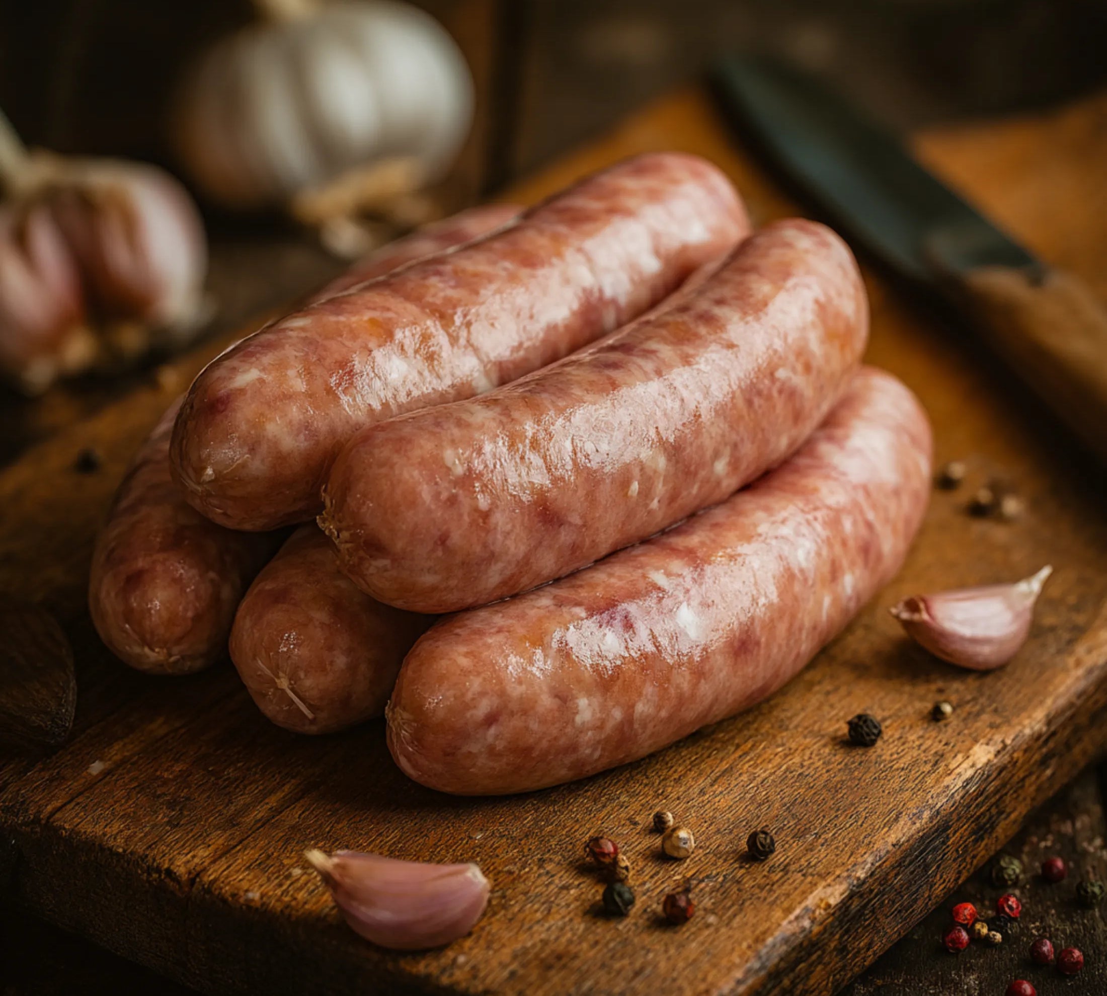 Raw sausages on a wooden cutting board with garlic and peppercorns.