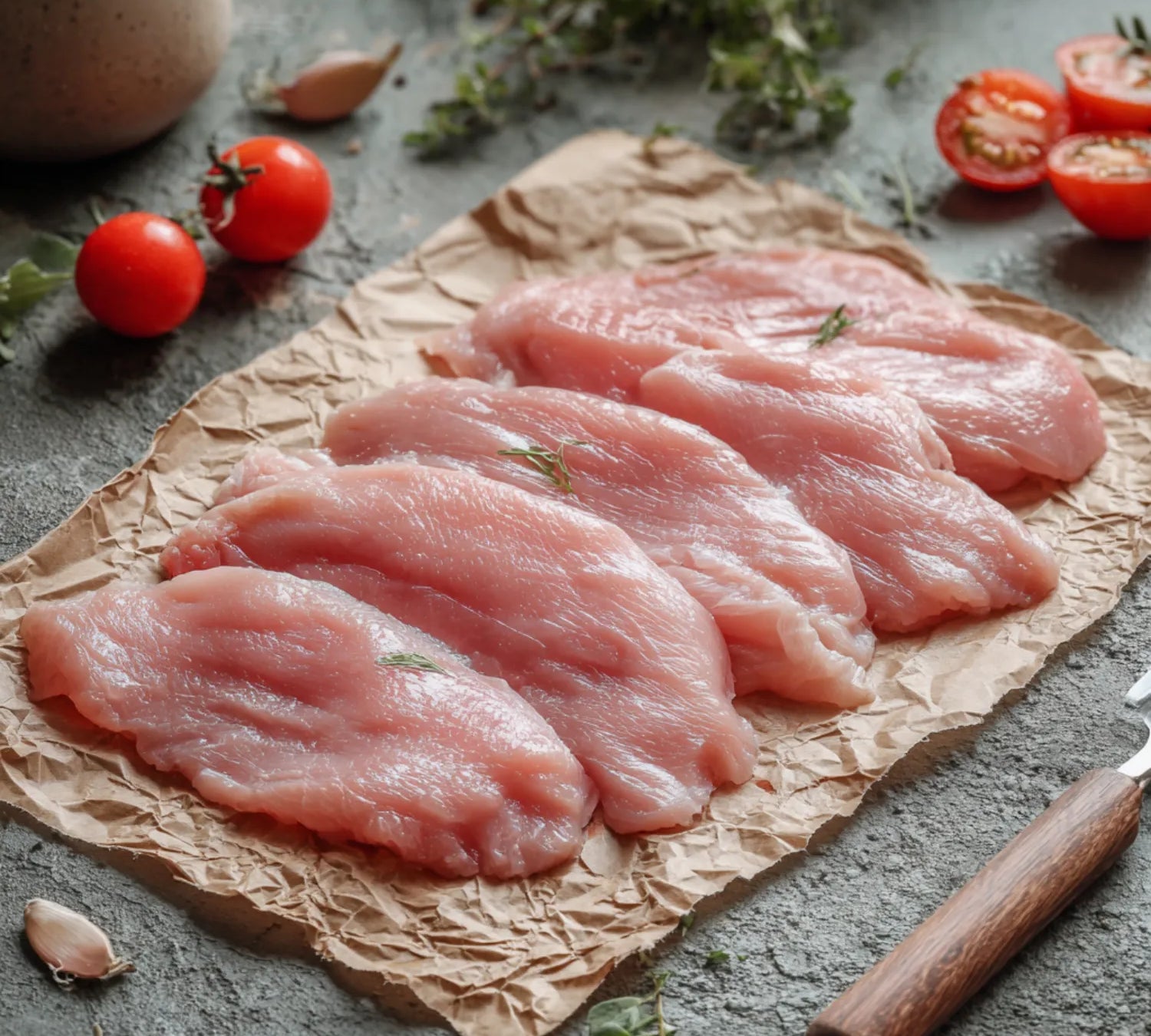 Raw free-range turkey breast steak on display, lean British poultry ideal for healthy high-protein meals
