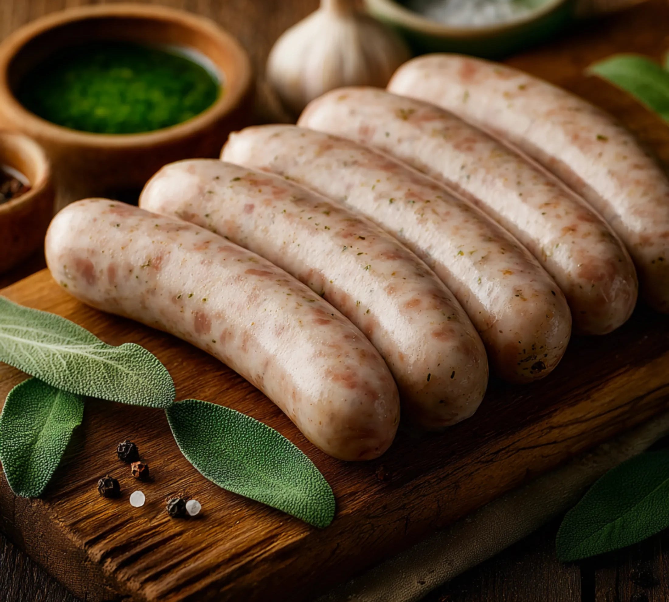Raw sausages on a wooden cutting board with herbs and spices